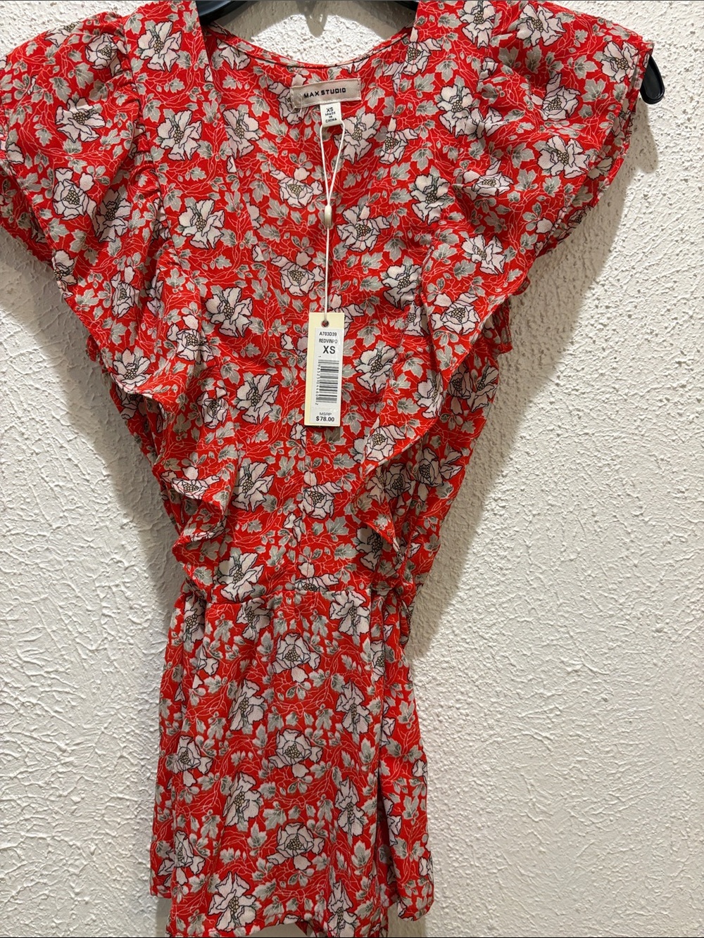 Max Studio Red Floral Ruffle Wrap Top - Picture 4 of 5